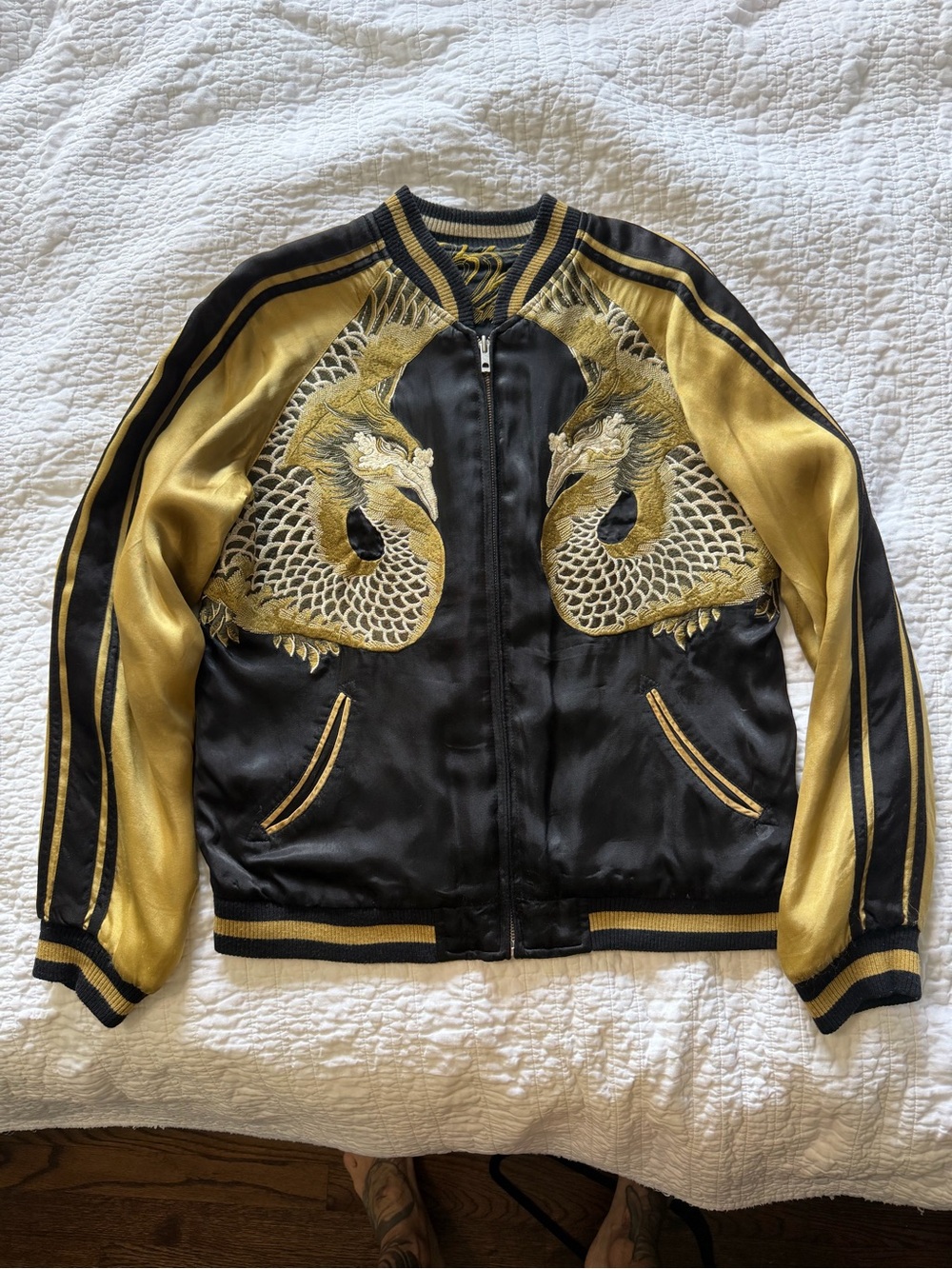 Black & Gold Embroidered phoenix reversible Bomber Jacket - Men